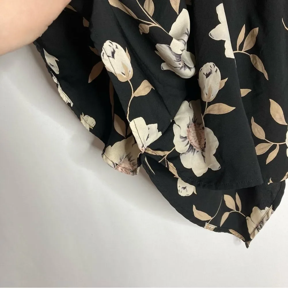 Lulus Cropped Cropped Cape Draped Blouse Size Small Black Tan Floral Split Back